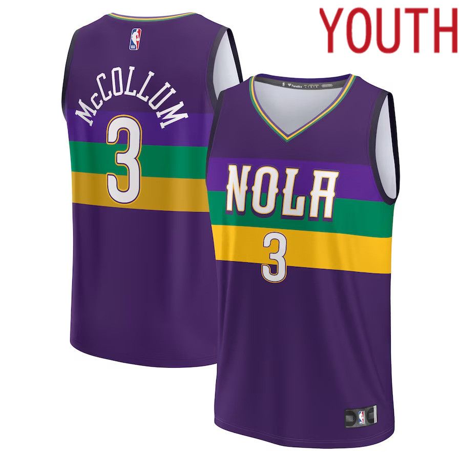 Youth New Orleans Pelicans #3 CJ McCollum Fanatics Branded Purple City Edition Fastbreak NBA Jersey